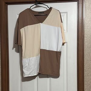 SHEIN Colorblock V-Neck Blouse - Brown, White, Cream